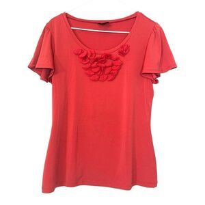 East 5th Flutter Sleeve Applique Flower Scoop Neck Casual Blouse Top Red Small